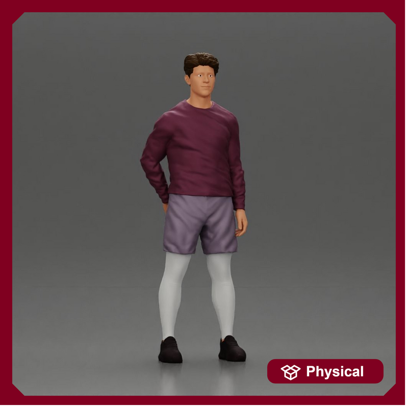 Casual man in purple shirt, shorts, and white tights standing confidently