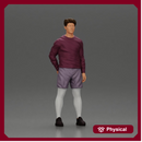 Casual man in purple shirt, shorts, and white tights standing confidently