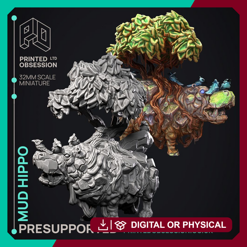 Mud Hippo - Elemental Creature -  PRESUPPORTED - Illustrated and Stats - 32mm scale