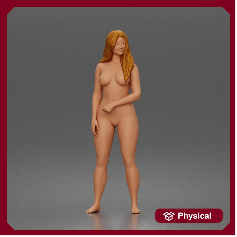 naked Woman stands barefoot smiling relaxed at beach 32