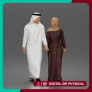 Walking man wearing thobe holding hands with woman wearing abaya