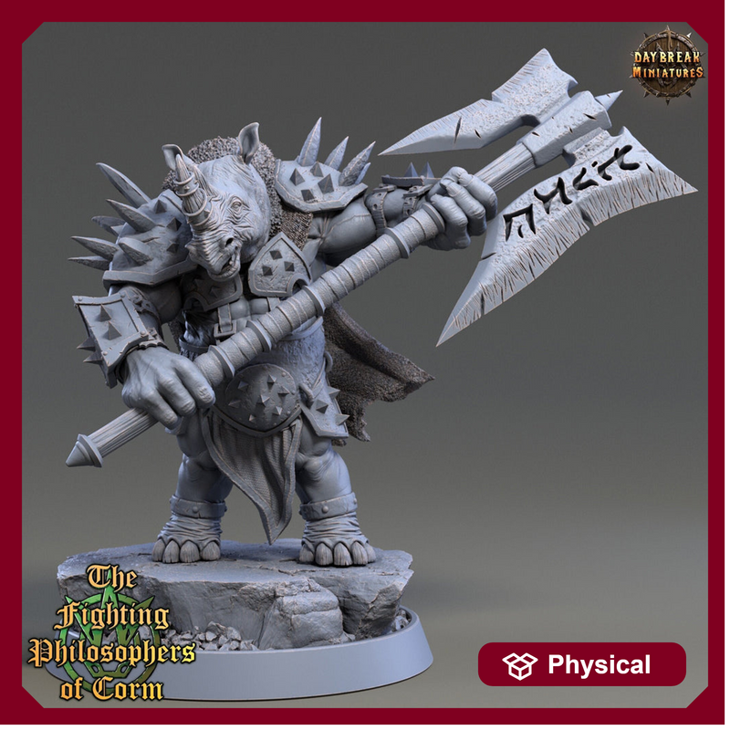 Rhinokin, Rhino-folk Warrior  Scales: 28mm, 32mm,54mm,75mm | D&D 5e Megaboss | Dungeons and Dragons | Pathfinder | Daybreak Miniatures - Only-Games