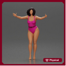 Woman with short black hair wearing pink swimsuit raising arms