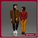 Couple in winter outfits stands by car, calm and stylish.