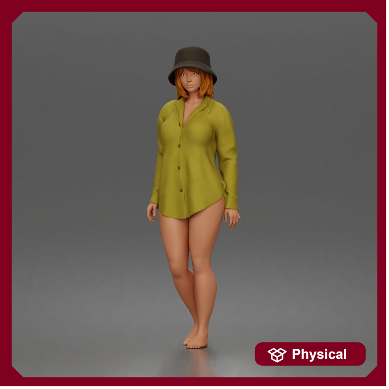 Standing woman In Oversized Button-Shirt With Bucket Hat Barefoot