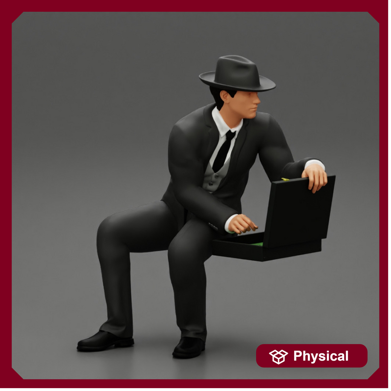 2 Models - businessman in hat sitting and holding briefcase of money