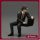 2 Models - businessman in hat sitting and holding briefcase of money