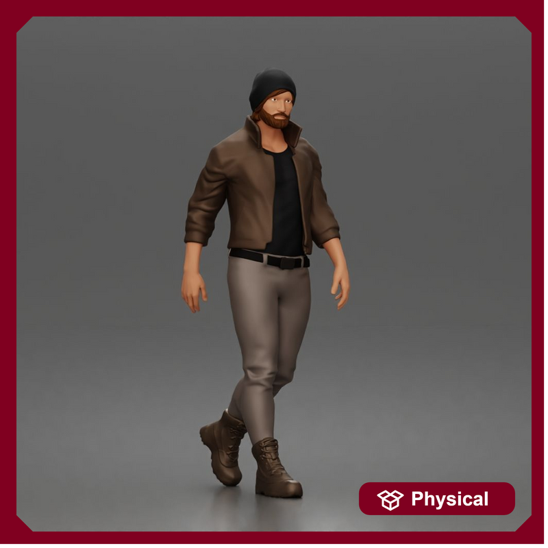 Urban explorer walking confidently in beanie jacket fitted pants and boots