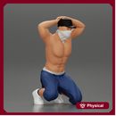 Gangster in mask and cap sitting putting his hands behind head about to be arrested
