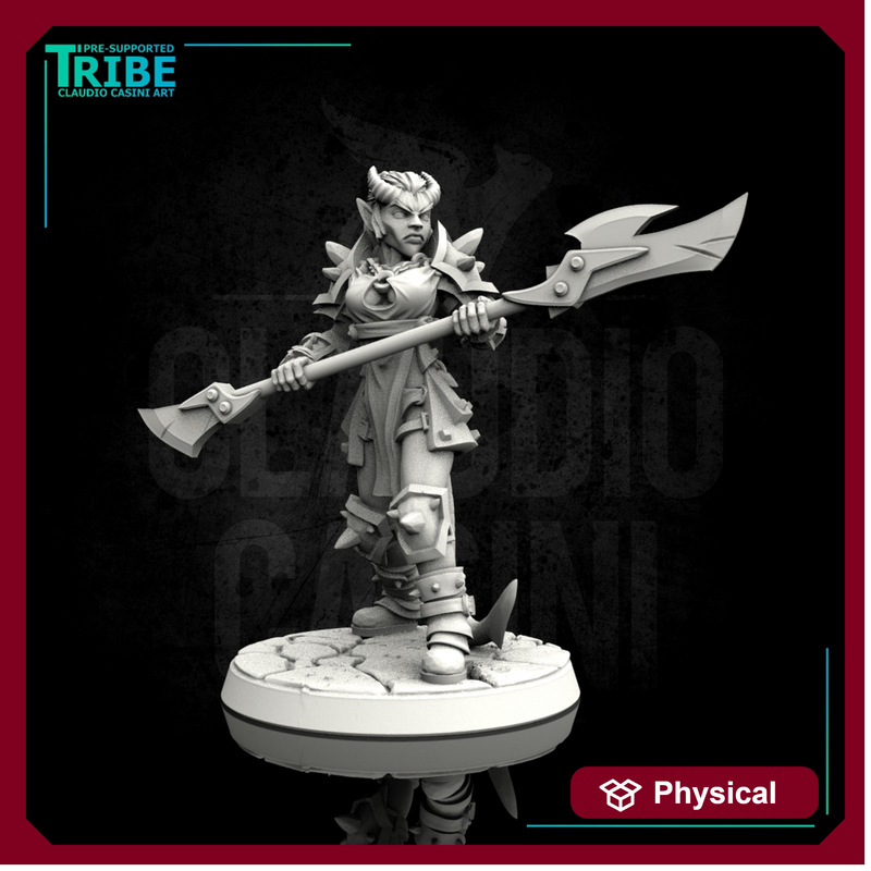 (0021) Female human elf half orc tiefling barbarian with halberd