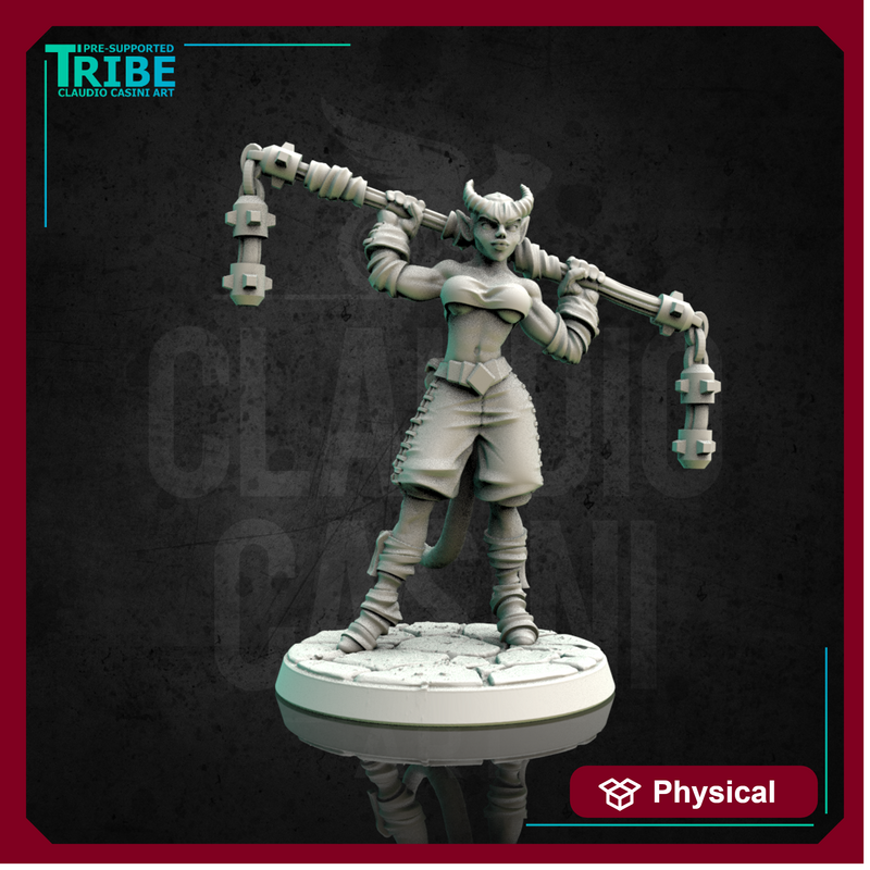 (0146) Female elf human tiefling firbolg half-orc shaolin monk with two hands mace or chain club