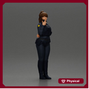 policewoman standing hand resting on her back speaking into a radio