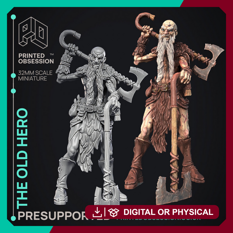 Old Hero - Barbarian -  PRESUPPORTED - Illustrated and Stats - 32mm scale