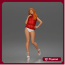 Woman poses flirtatiously wearing puffer vest bikini bottoms heeled sandals