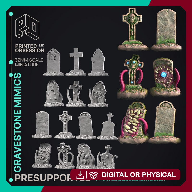 Grave Stone Mimics - 14 Models - Halloween -  PRESUPPORTED - Illustrated and Stats - 32mm scale