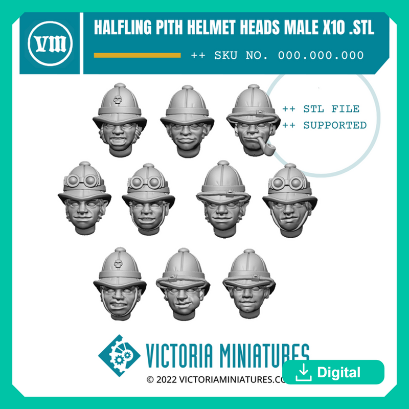 Halfling Heads with Pith helmets Male x10 - Only-Games