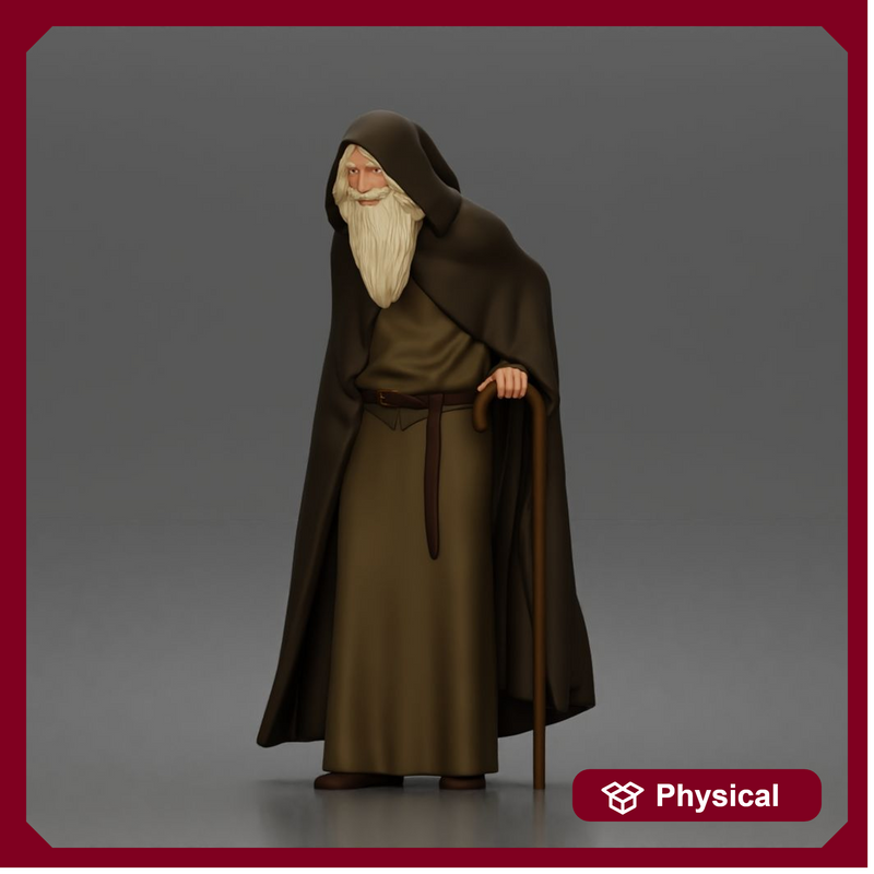 Wandering sage leans on staff wearing hooded cloak and robe