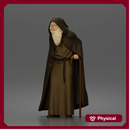 Wandering sage leans on staff wearing hooded cloak and robe