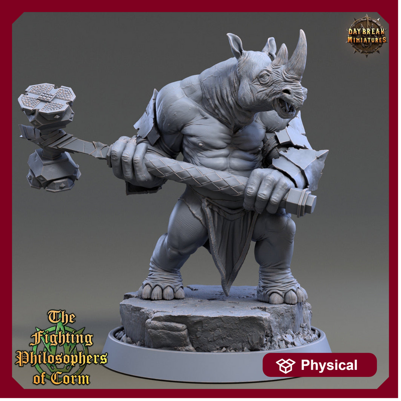 Rhinokin, Rhino-folk Warrior  Scales: 28mm, 32mm,54mm,75mm | D&D 5e Megaboss | Dungeons and Dragons | Pathfinder | Daybreak Miniatures - Only-Games