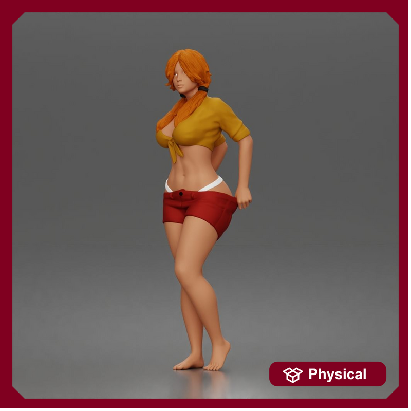 Confident woman adjusting shorts standing barefoot in relaxed casual summer pose
