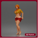 Confident woman adjusting shorts standing barefoot in relaxed casual summer pose