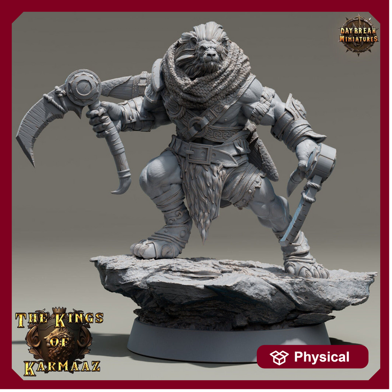Leonin LionFolk Fighter Barbarian | 28mm, 32mm, 54mm, 75mm Scales,100mm Tall | Dungeons and Dragons D&D 5e | Pathfinder| Daybreak Miniatures - Only-Games