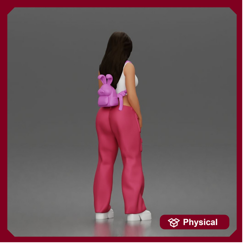 Woman strolls wearing crop top cargo pants bunny backpack sneakers