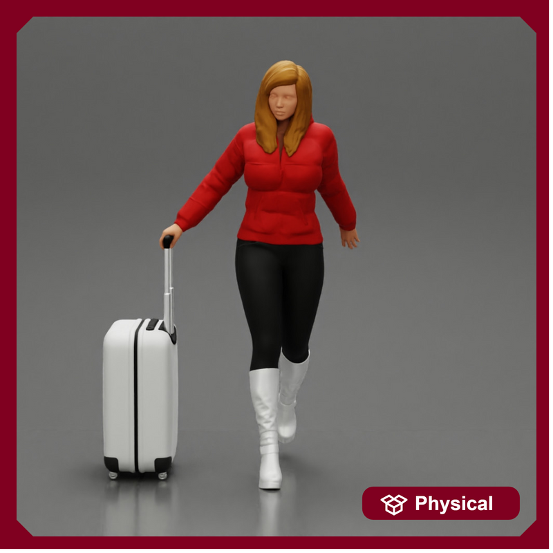 2 Fashion woman in jacket and boots dragging suitcase  walking in airport terminal
