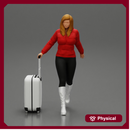 2 Fashion woman in jacket and boots dragging suitcase  walking in airport terminal