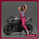 Bold Woman in Pink Jumpsuit Posing on a Sleek Motorcycle