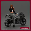 Beautiful girl in sunglasses and  mini jacket sitting on the motorbike