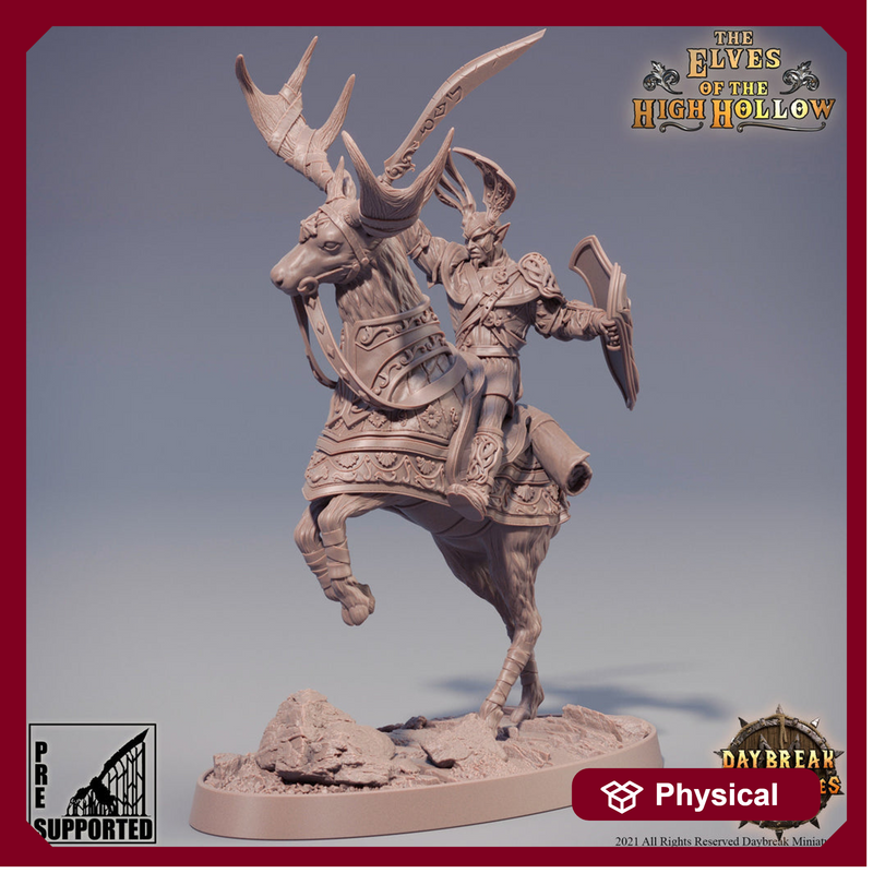 Wood Elf Fighter Mounted on Stag| Miniature | 28mm Scale | 32mm Scale |54mm | 75mm Scale | Pathfinder | DnD | Elf Figurine unpainted | - Only-Games