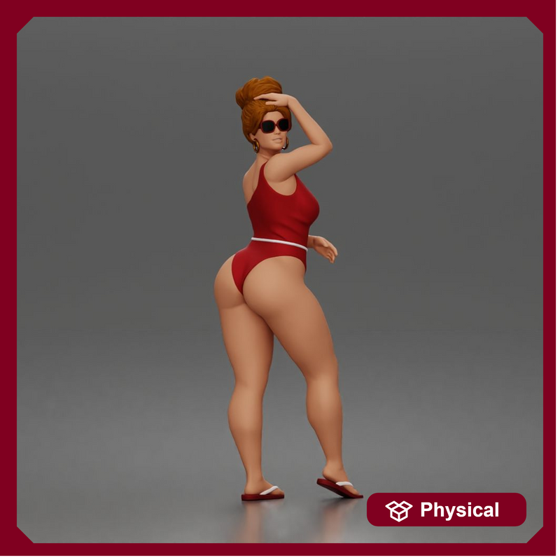 Standing woman shields eyes wearing swimsuit sunglasses earrings flip flops