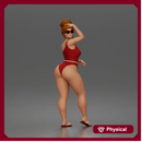Standing woman shields eyes wearing swimsuit sunglasses earrings flip flops