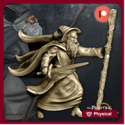 Human Mage Fighting w/ Staff and Sword | Miniature |28mm | 32mm|54mm|75mm |100mm Pathfinder Figure | DnD | Human Wizard Figurine unpainted | - Only-Games
