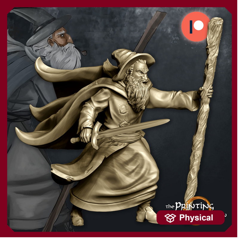 Human Mage Fighting w/ Staff and Sword | Miniature |28mm | 32mm|54mm|75mm |100mm Pathfinder Figure | DnD | Human Wizard Figurine unpainted | - Only-Games