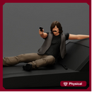 A man on a car aims a gun wearing a vest