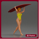 woman in yellow swimsuit carrying a red surfboard on her shoulders