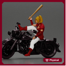woman in red outfit sitting on a motorcycle holding a baseball bat
