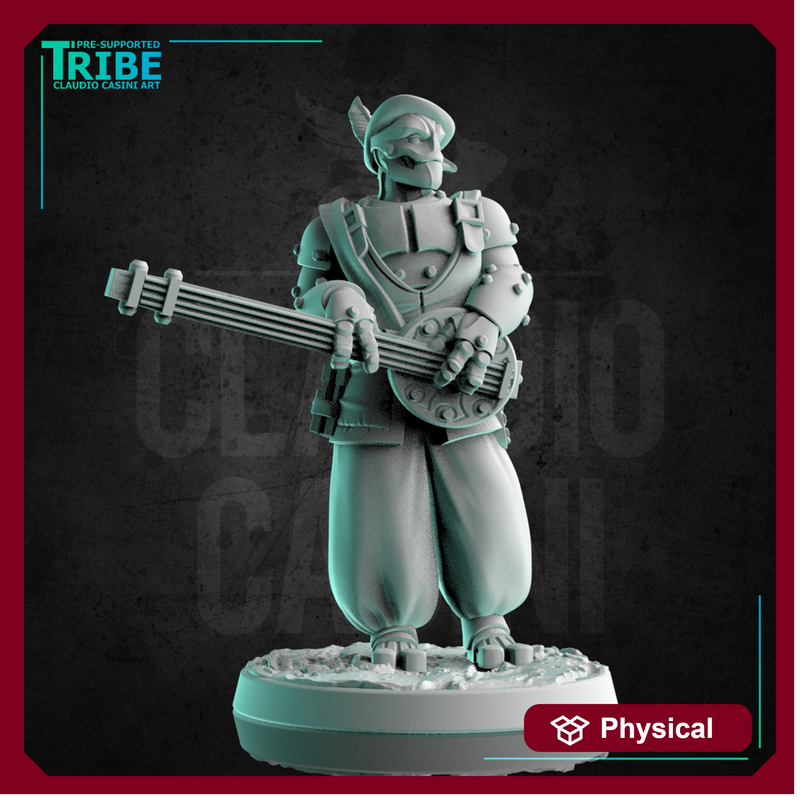 (0202) Male robot Warforged bard with lute