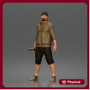 gangster stands holding knife wearing hoodie shorts sneakers chain headband