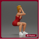 Stylish woman in red dress and sneakers striking dynamic pose