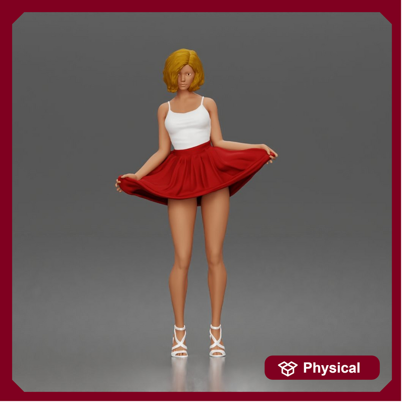 Cheerful girl twirling skirt playfully posing confidently in strappy heels