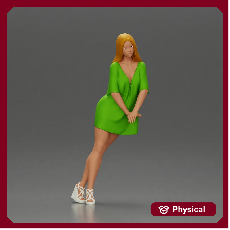 Stylish Woman in Green Dress and White Heels with Pose