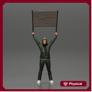 man in a hoodie and scarf is holding a banner