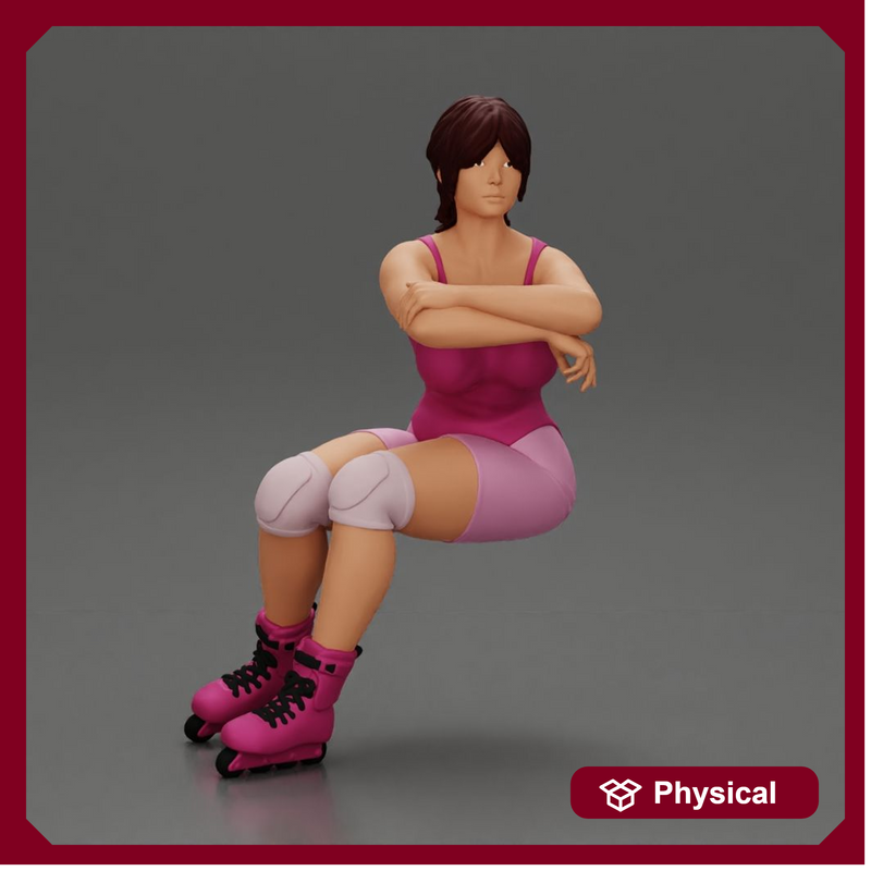 Roller skater in pink outfit performs balanced squat arms crossed