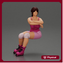 Roller skater in pink outfit performs balanced squat arms crossed