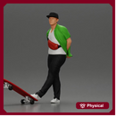 skater man leaning against the wall wearing a cap open shirt and banana bag