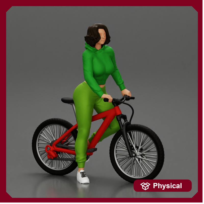 Young sexy sporty woman in pants and snickers short haired posing with bicycle