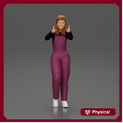 Smiling girl in overalls showing a thumbs up with both hands - Only-Games